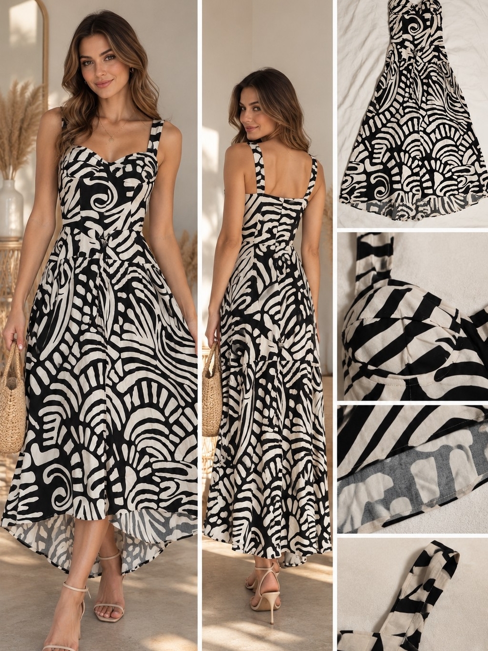 Fashion Nova Black & Ivory Asymmetrical Midi Dress Size XL